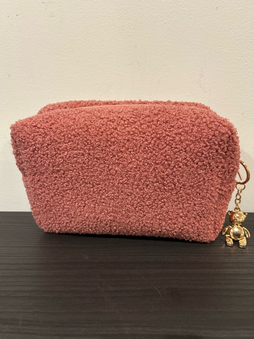 Plush Sherpa Cosmetic Pouch in Dusty Rose with charm NWOT